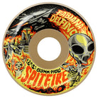 The Fabiana Invasion 53mm99A Conical Full Formula Four Spitfire Wheels feature alien, UFO, and flame artwork with a fighter jet, burning buildings, and bold Fabiana Delfino and Spitfire text on the design.