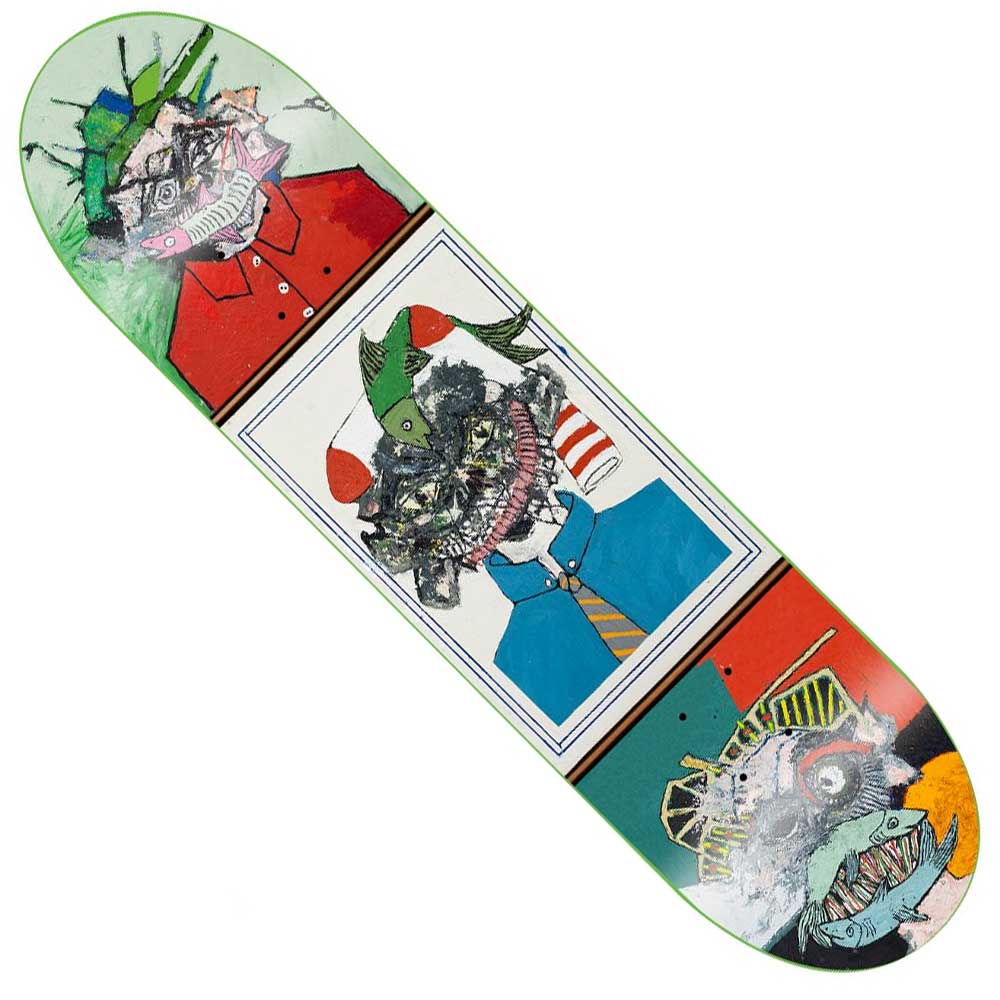 The Face Greene 8.25x32.12 GX1000 Deck Skateboard features abstract, distorted portraits in colorful clothing, expressive lines, and textured details over green, red, and blue panel backgrounds.