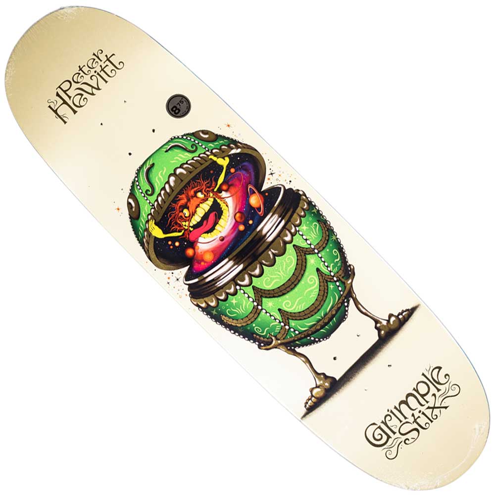 The Farbage Hewitt Grimple 8.75 Egg Deck by Anti Hero Skateboard features a vibrant cartoon monster bursting from a green egg, with unique Rattray Hammitt and Grimple Stix artwork for a standout look.