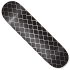 The Fence Print 8.25x31.7 Hardbody Skateboard Deck Black Silver showcases a glossy black finish with a repeating silver geometric pattern that looks like interlocking chains or a tiled grid.