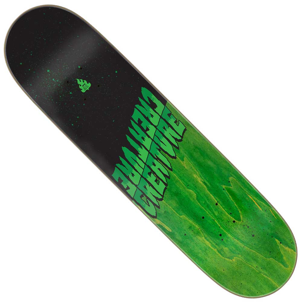 The Fiend Twin Mummy 8.2in x 32in Creature Skateboard Deck features birch construction with a black-to-green splatter design and bold mirrored, upside-down green CREATURE text.