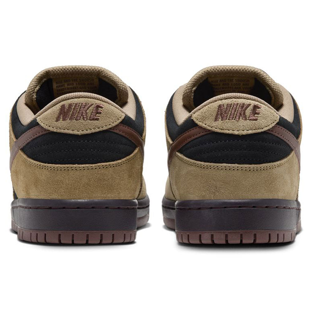 A pair of Filbert Light Chocolate Black Burgundy Ash Dunk Low Pro HQ1625201 Nike SB Skateboarding Shoes viewed from the back, featuring brown, black, and tan suede with NIKE embroidered in maroon on the heel tabs—perfect for fans of classic sneakers.