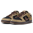 A pair of Filbert Light Chocolate Black Burgundy Ash Dunk Low Pro HQ1625201 Nike SB skateboarding shoes featuring black toe boxes and side panels, complemented by brown suede overlays. This classic sneaker sports dark brown laces and Swoosh, with a matching brown midsole and outsole.