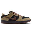 Introducing the Filbert Light Chocolate Black Burgundy Ash Dunk Low Pro HQ1625201 Nike SB Skateboarding Shoes—a classic Nike Dunk Low featuring tan suede overlays, black panels, brown laces, a brown swoosh, and a brown sole that perfectly embody the iconic style of this legendary sneaker line.