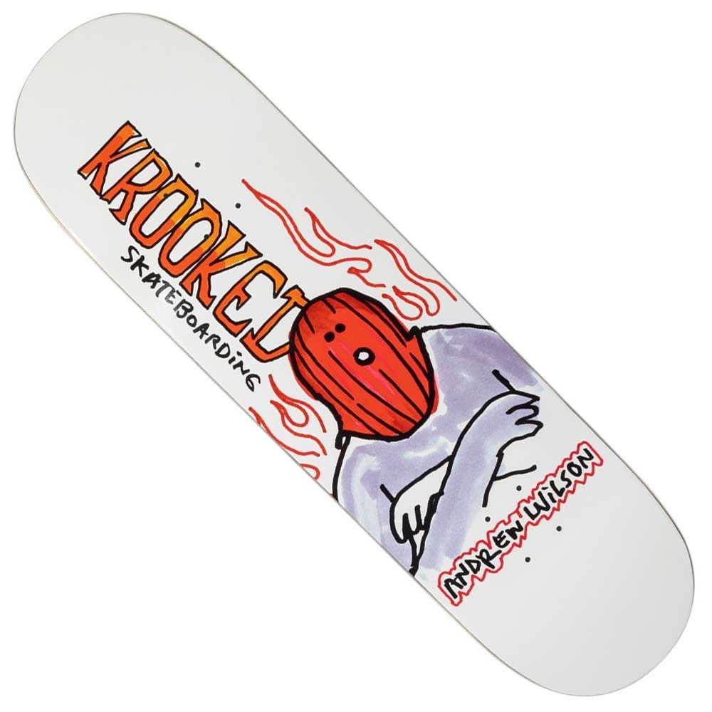 The Fire Mask Wilson 8.75 Krooked Skateboard Deck features a cartoon figure with a red, fire mask-like head and crossed arms, plus stylized KROOKED SKATEBOARDING and MADLEN WILSON text. Size: 8.75 available.