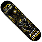 The Fireside 8.5x32.18 Matthews Anti Hero Deck features Sam Davidson's menacing city wolf art, "Nick Matthews" at the top, and "ANTI HERO" boldly at the bottom. The black deck includes a 14.38" wheelbase.
