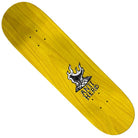 The Fireside 8.5x32.18 Matthews Anti Hero Deck Skateboard features Sam Davidson's black and white burning house art with "ANTI HERO" below, all on yellow wood grain and a stable 14.38" wheelbase.