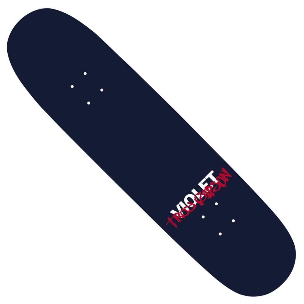 The Fireworks Troy Gipson Pro 8 Violet Shaped Deck features dark blue artwork by Troy Gipson, with NOELT in white and FREEDOM in red graffiti-style text. Pre-drilled holes for trucks are included.