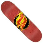 A red Flame Dot MINI 7.25in x 27in Santa Cruz Skateboards deck, made from durable North American Maple, featuring a large yellow and black flame logo prominently in the center.