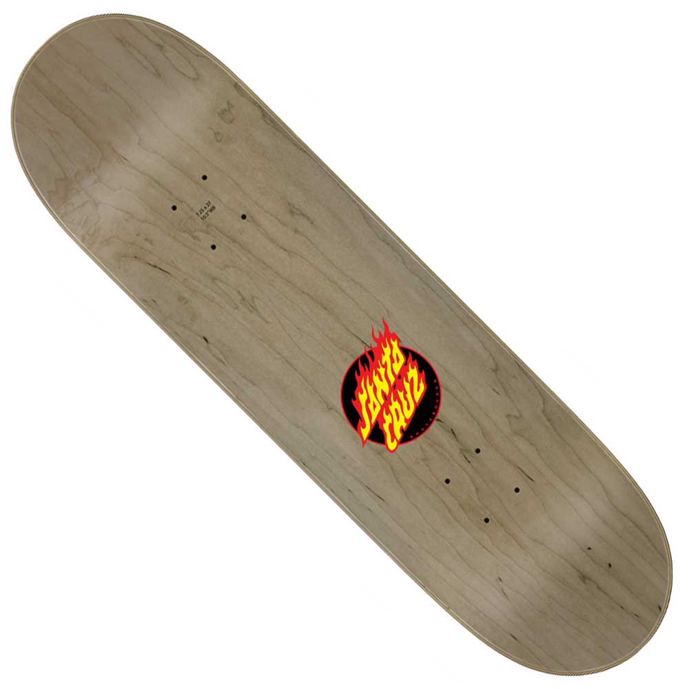 The Flame Dot MINI 7.25in x 27in Santa Cruz Skateboards Deck features a durable North American Maple construction with a vibrant red and yellow flaming Santa Cruz logo at its center. This deck, crafted by Santa Cruz Skateboards, comes without grip tape, trucks, or wheels.