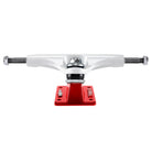 Flash White Red Hollow Lights Thunder 147 Trucks set of two featuring a white hanger, a red baseplate, and a lightning bolt logo.
