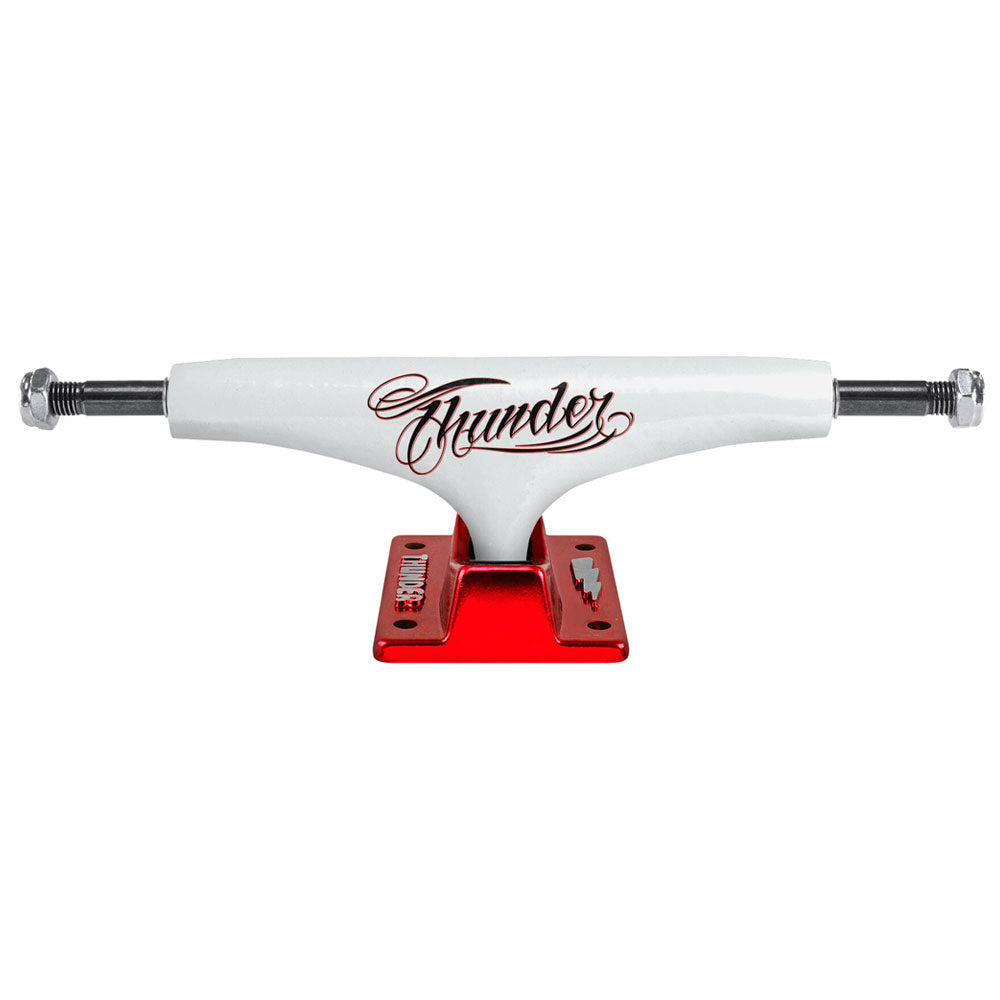 Flash White Red Hollow Lights Thunder 147 Trucks with a white hanger featuring red script text and a metallic red baseplate with a silver lightning bolt icon.