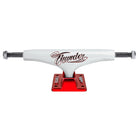 Flash White Red Hollow Lights Thunder 147 Trucks with a white hanger featuring red script text and a metallic red baseplate with a silver lightning bolt icon.