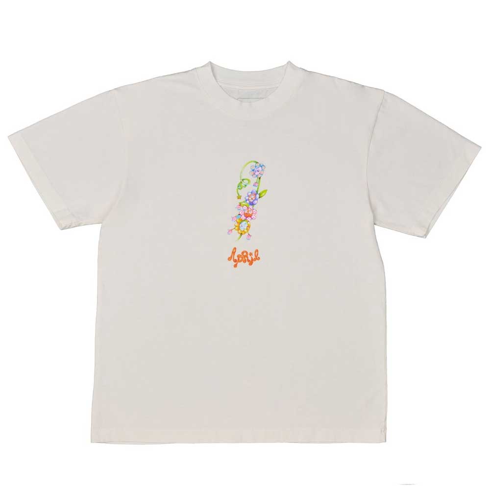 Introducing the Flower Tee by Ema Gaspar—a heavyweight, 100% cotton white t-shirt from April Skateboards, showcasing a small, vibrant floral design and bold orange “April” text printed at the center of the chest.
