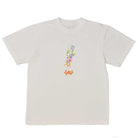 Introducing the Flower Tee by Ema Gaspar—a heavyweight, 100% cotton white t-shirt from April Skateboards, showcasing a small, vibrant floral design and bold orange “April” text printed at the center of the chest.