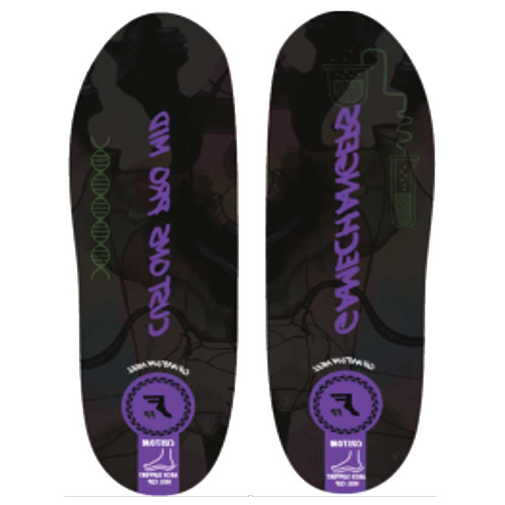 A pair of Footprint Gamechanger Camo Purple Elite Pro MID Skateboarding Insoles in black, featuring high density support, purple and green graphics with a DNA strand, chemical vials, and the phrases "ENZYME SYNC" and "COLOR AND MUD.