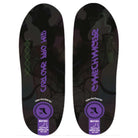 A pair of Footprint Gamechanger Camo Purple Elite Pro MID Skateboarding Insoles in black, featuring high density support, purple and green graphics with a DNA strand, chemical vials, and the phrases "ENZYME SYNC" and "COLOR AND MUD.
