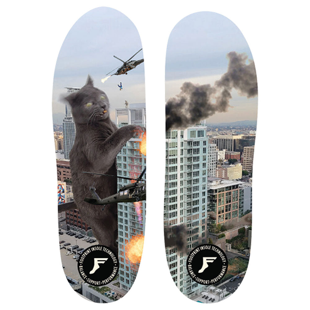 Introducing the Footprint Gamechanger Kittybabe Girl Elite HI Skateboarding Footwear Insoles: these impact-absorbing insoles feature dynamic artwork of a giant gray cat playfully attacking helicopters among towering skyscrapers, complete with explosions and smoke for a cityscape that parodies classic monster movie scenes.