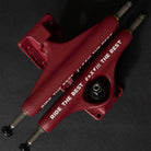 Two Forged Hollow RTB FTR Burgundy Standard INDY 159 Stage 11 trucks displayed diagonally on a dark background, featuring the lightweight design and “RIDE THE BEST #!X!!! THE REST” text in white. Set of two.