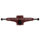 The Forged Hollow RTB FTR Burgundy Standard INDY 159 Stage 11 Trucks Set features a maroon design with "RIDE THE BEST #X*%!! THE REST" in white on the hanger—ideal for skaters wanting lightweight, high-performance trucks. Set includes two standard trucks.