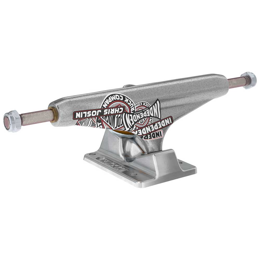 The 144 Stage 11 Forged Titanium Chris Joslin Sticker Slap Pro Polished Silver Standard Trucks by Independent are durable, lightweight, and feature a red and black logo with Chris Joslin’s name on the side plus a plain silver baseplate. Set of TWO.