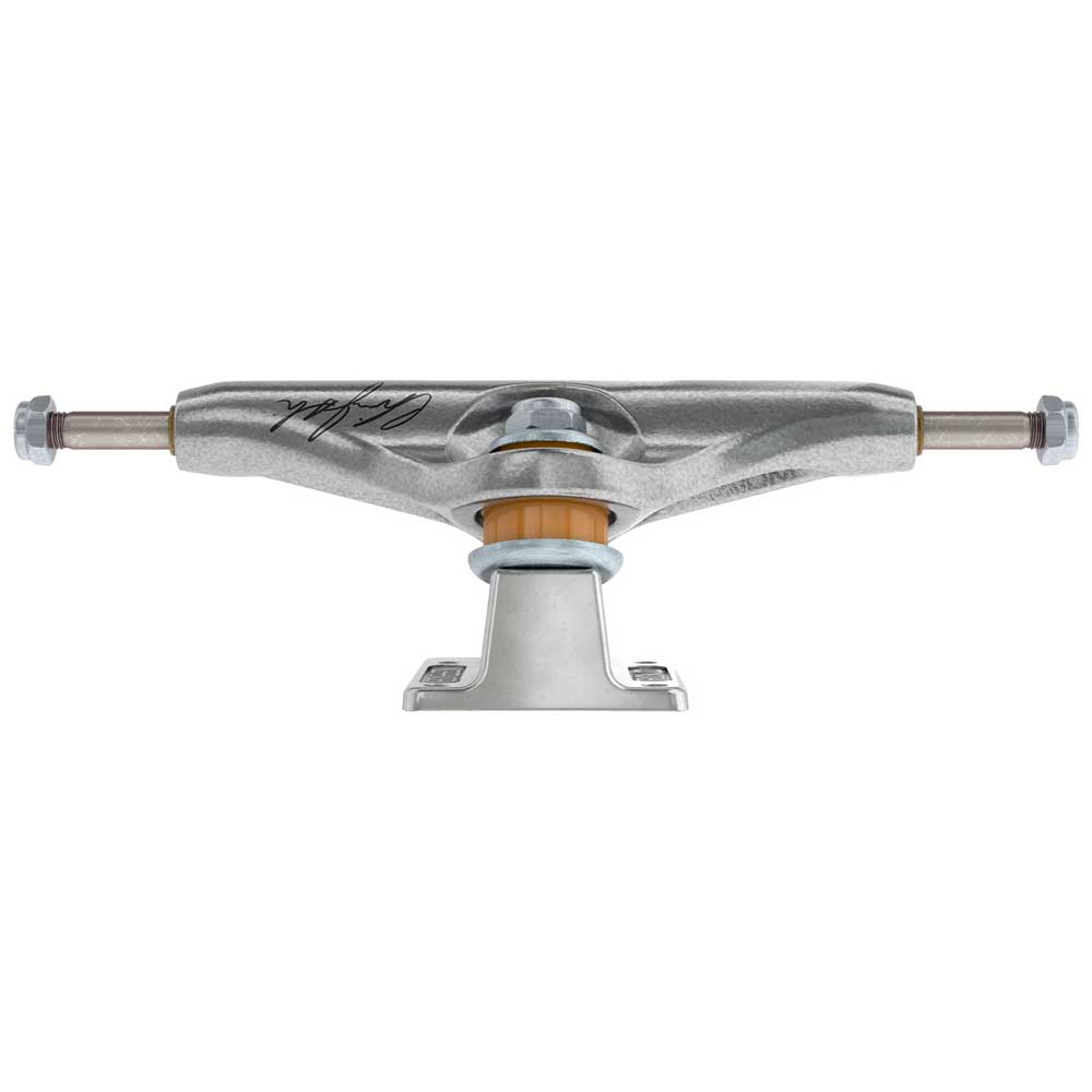 A pair of Independent 144 Stage 11 Forged Titanium Chris Joslin "Sticker Slap" Pro trucks in polished silver, featuring a metal baseplate, orange bushings, axles with nuts, and Joslin’s signature on the hanger.