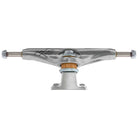 A pair of Independent 144 Stage 11 Forged Titanium Chris Joslin "Sticker Slap" Pro trucks in polished silver, featuring a metal baseplate, orange bushings, axles with nuts, and Joslin’s signature on the hanger.