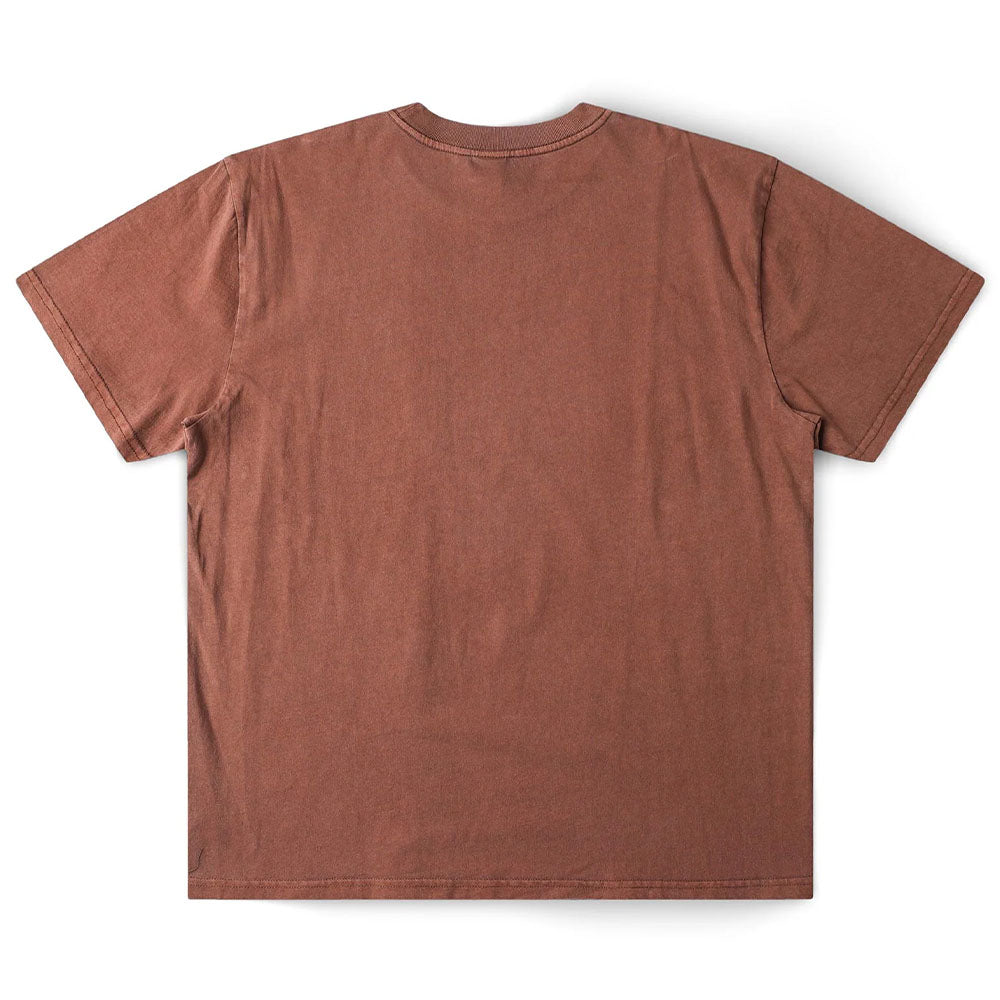 The Fork in the Road Former Tee in Washed Bark, a plain short-sleeved T-shirt made from premium jersey cotton, is laid flat with the back side facing up against a white background.