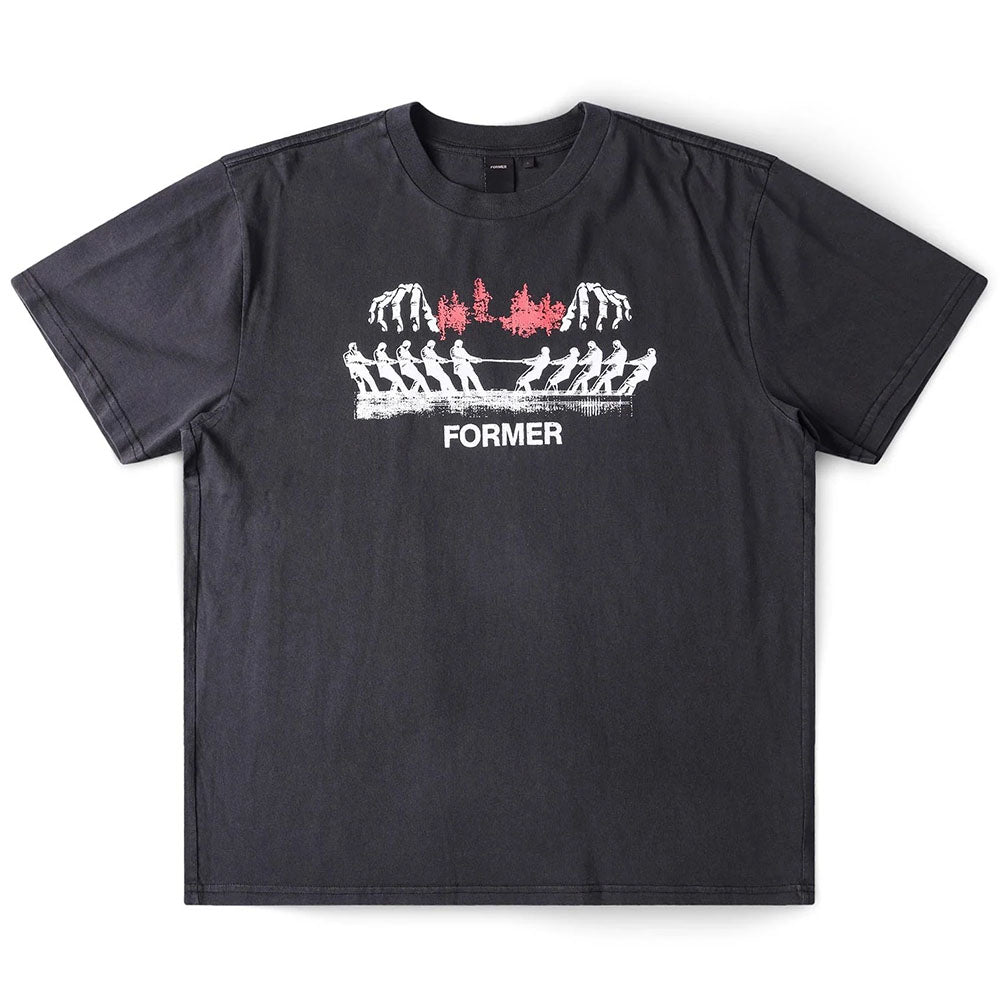 The Engineered Former Tee Washed Black features white graphics of people rowing a boat with skeletal hands above, red tree-like shapes at the top center, and the word “FORMER” printed in white beneath the illustration.