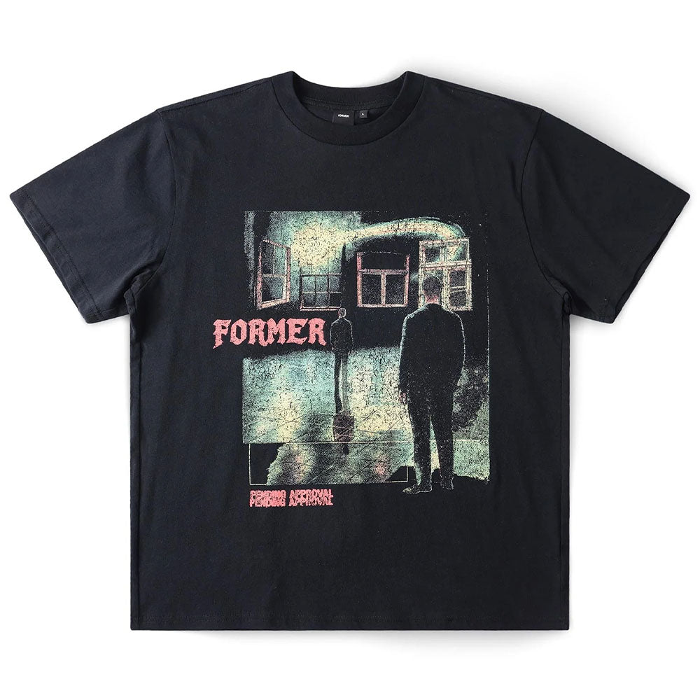 The Mind Glass Former Tee Black is a black 200GSM cotton T-shirt with a screen print graphic of two silhouetted figures facing each other in front of a building, large pink “FORMER” lettering, and smaller text reading “Former Apparel Former Apparel” for a modern vintage vibe.