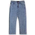 A pair of Crux Denim Pant Washed Blue Former jeans laid flat, crafted from 100% cotton denim and featuring a straight-leg cut, front button, zip fly, and five-pocket design.
