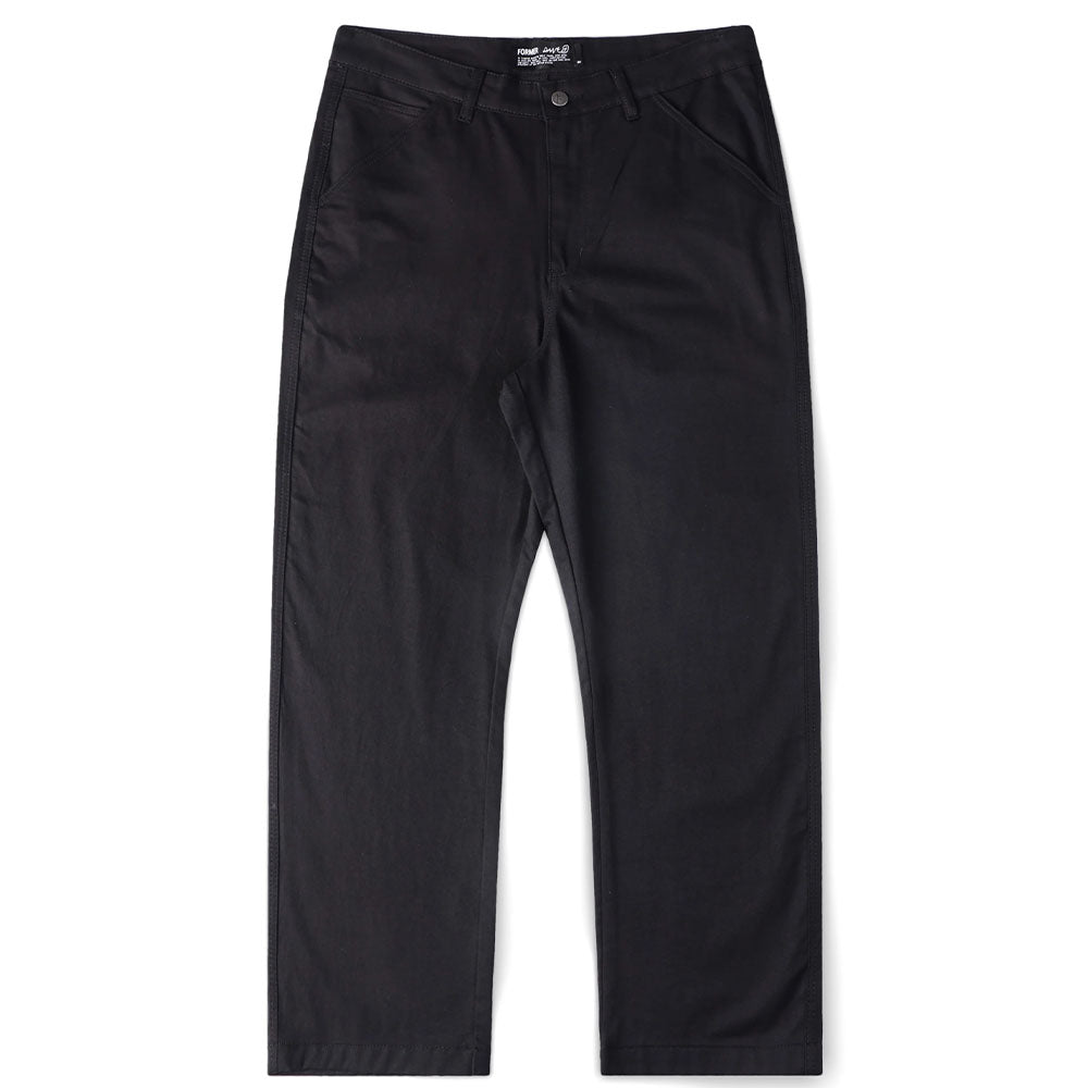 Reynolds Work Pant Black Former in black cotton twill with a straight-leg fit, side pockets, and button and zip closure, shown flat on a white background.