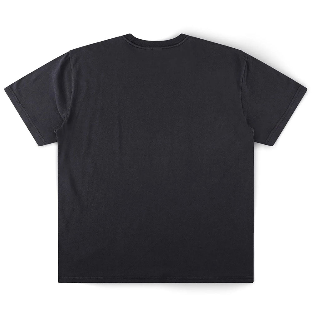Legacy Overdye Former Tee Washed Black, a premium 200GSM cotton short-sleeve t-shirt, shown laid flat with the back side visible against a white background.