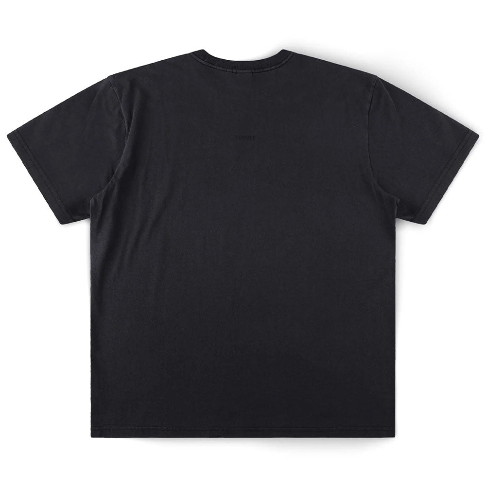 The Crux Overdye Former Tee in Washed Black is a short-sleeve T-shirt displayed from the back, laid flat on a white background. Made from premium 200GSM cotton, this vintage-inspired tee ensures both durability and comfort.