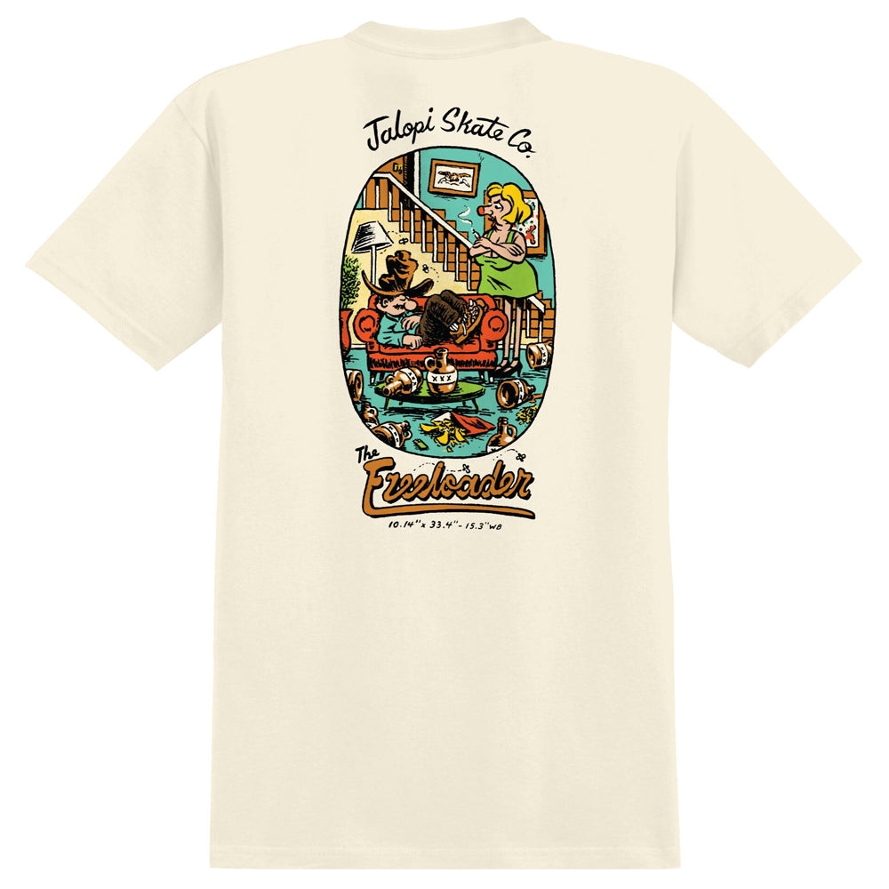 Off-white natural Free Loader Pocket Tee Natural Anti Hero Skateboards T-Shirt featuring a back graphic of a man lounging on a couch while a woman talks to him, accompanied by Jalopi Skate Co. and The Freeloader text.