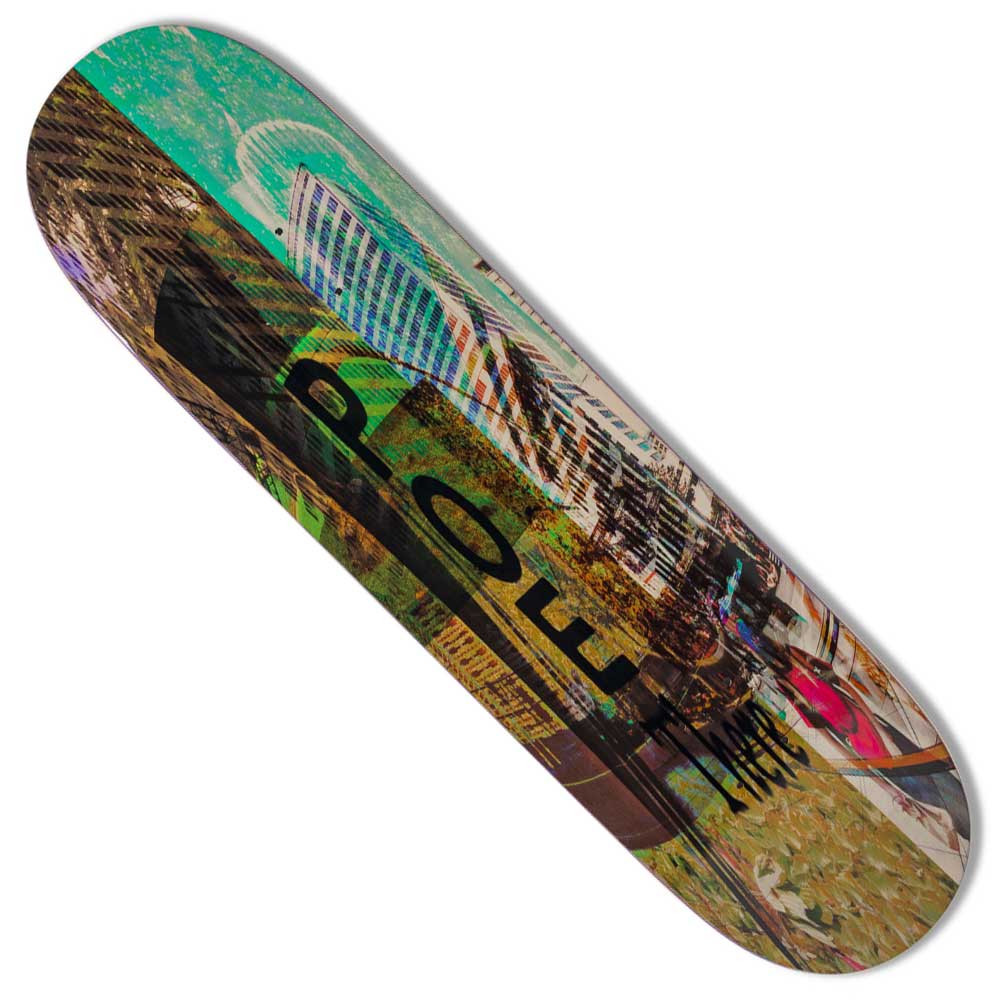 The Free Thinker Poe 8.06x31.3 True Fit There Skateboards Deck features a vibrant abstract cityscape with bold black lettering—an ideal choice for creative skaters seeking unique urban style.