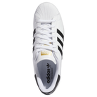 Top view of GW6930 White Black Superstar ADV Adidas Skateboarding Leather Shoes: white leather upper, black stripes, white laces, textured toe cap, gold adidas tongue label, and branded insole—classic style with skate shoe durability.