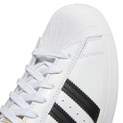 Close-up of the toe and laces on the GW6930 White Black Superstar ADV Adidas Skateboarding Leather Shoes, showcasing black stripes, a textured rubber toe cap, and detailed stitching—classic skate style.