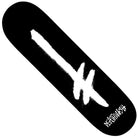 The Gang Spray 8.25x31.5 Black White Deathwish Deck showcases a bold black and white design with a large spray-painted inverted cross and graffiti-style text in white on the bottom right corner.