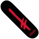 The Gang Spray 8x31.4 Black Red Deathwish Deck features a bold red spray-painted inverted cross at the center and stylized red text on a sleek black skateboard deck.