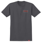 Introducing the Gas Mask Charcoal Multicolor Tee by Spitfire Wheels—a plain dark gray T-shirt featuring a small, red, jagged-edged SPITFIRE logo on the left chest, inspired by the classic Spitfire Wheels Gas Mask Tee.