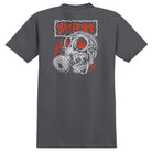 The Gas Mask Charcoal Multicolor Tee from Spitfire Wheels showcases a bold graphic of a skull in a gas mask, set amid vibrant red flames, with the word "SPITFIRE" rendered in dynamic red text on the back—a striking tribute to Spitfire Wheels.