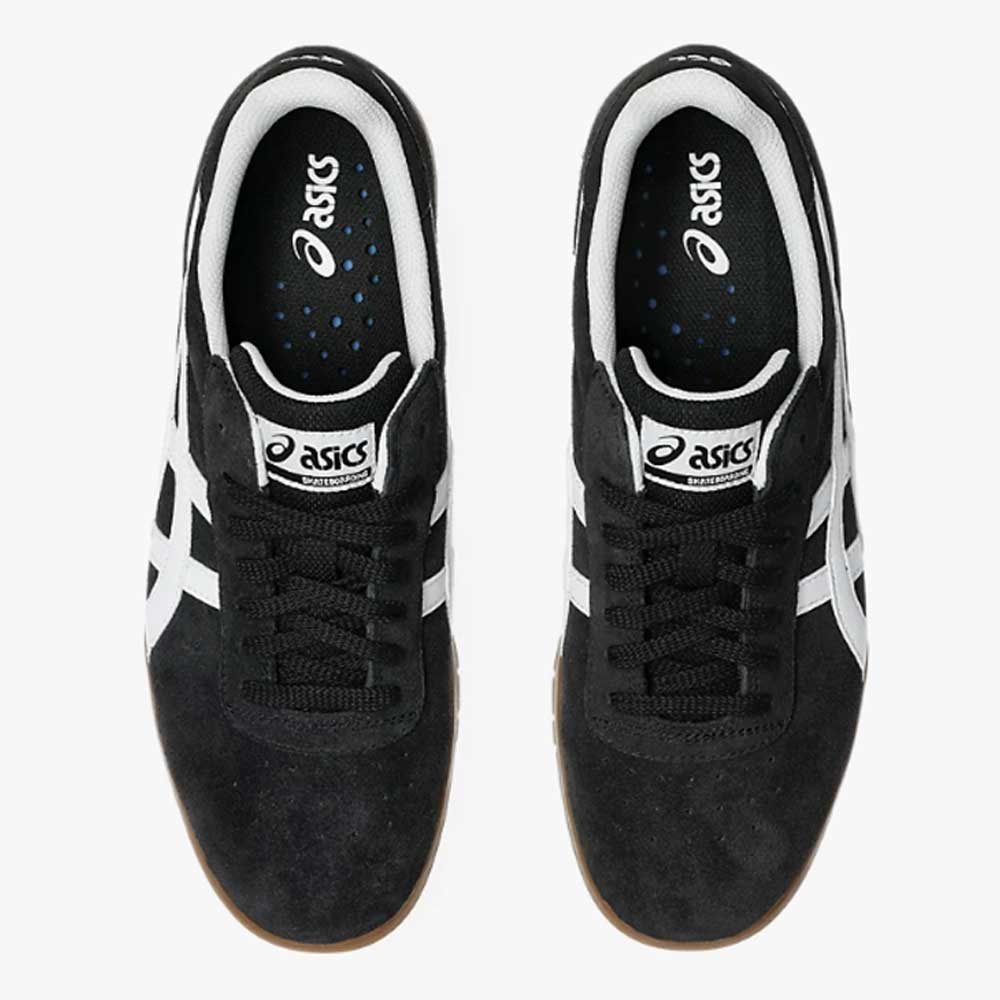 A pair of ASICS Gel Vikka Pro Black Brown 1201A486 suede skateboarding shoes, shown from above on a white background. The shoes feature black laces, white stripes, visible ASICS logos on the tongue and insole, and are equipped with GEL cushioning for enhanced comfort and board control.