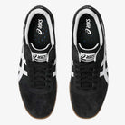 A pair of ASICS Gel Vikka Pro Black Brown 1201A486 suede skateboarding shoes, shown from above on a white background. The shoes feature black laces, white stripes, visible ASICS logos on the tongue and insole, and are equipped with GEL cushioning for enhanced comfort and board control.
