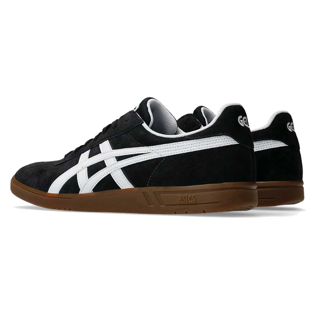 A pair of Gel Vikka Pro ASICS Black Brown 1201A486 Suede Skateboarding Shoes, featuring black suede uppers with white side stripes and brown rubber soles for optimal board control and comfort, displayed from rear and side angles against a plain white background.