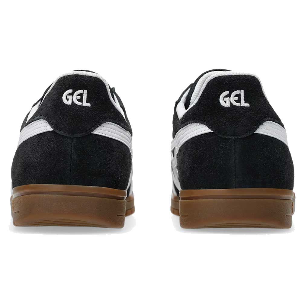 Back view of two Gel Vikka Pro Asics Black Brown 1201A486 suede skateboarding shoes with white GEL text on the heel and brown rubber soles, featuring GEL cushioning for enhanced comfort and board control, displayed side by side on a white background.