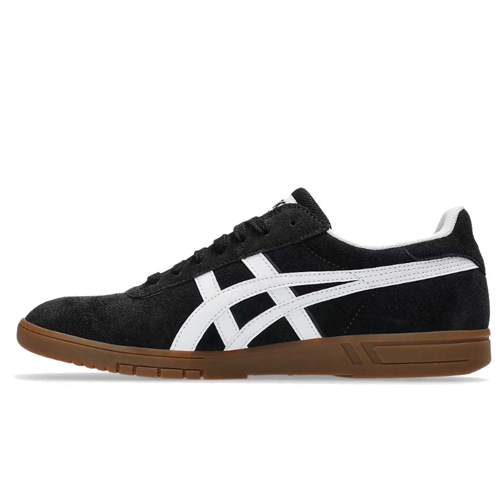 Gel Vikka Pro Asics Black Brown 1201A486 Suede Skateboarding Shoe featuring a black suede upper with a contrasting white stripe design, white heel accent, black laces, and a brown rubber sole for improved board control, presented in a side profile view against a white background.