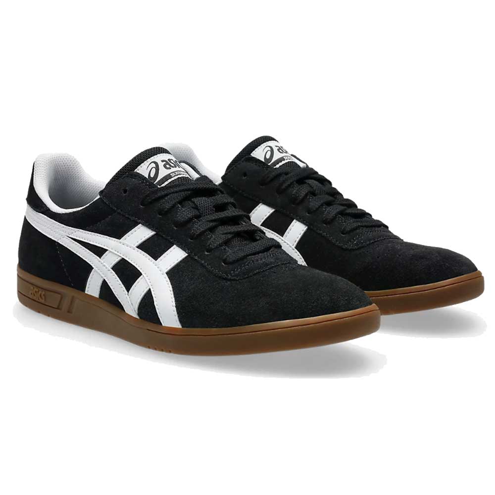 A pair of Gel Vikka Pro Asics Black Brown 1201A486 suede skateboarding shoes with white stripes and brown rubber soles, designed for superior board control and enhanced comfort with GEL cushioning, is shown at a slight angle on a plain white background.