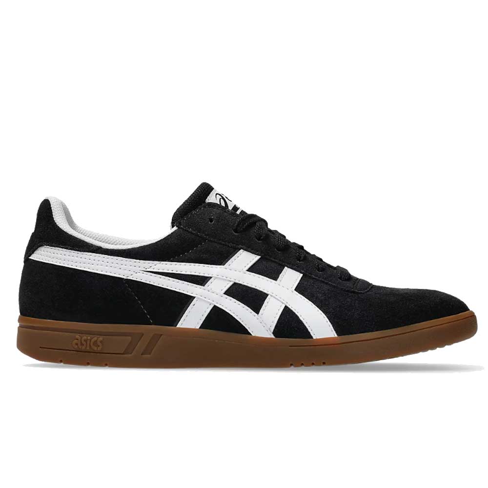 The Gel Vikka Pro Asics Black Brown 1201A486 Suede Skateboarding Shoe is featured in a side profile on a plain white background, showcasing its black suede upper with signature white Asics stripes, white lining, and brown rubber sole. Designed for superior board control, this versatile sneaker blends classic style with dependable skate performance.