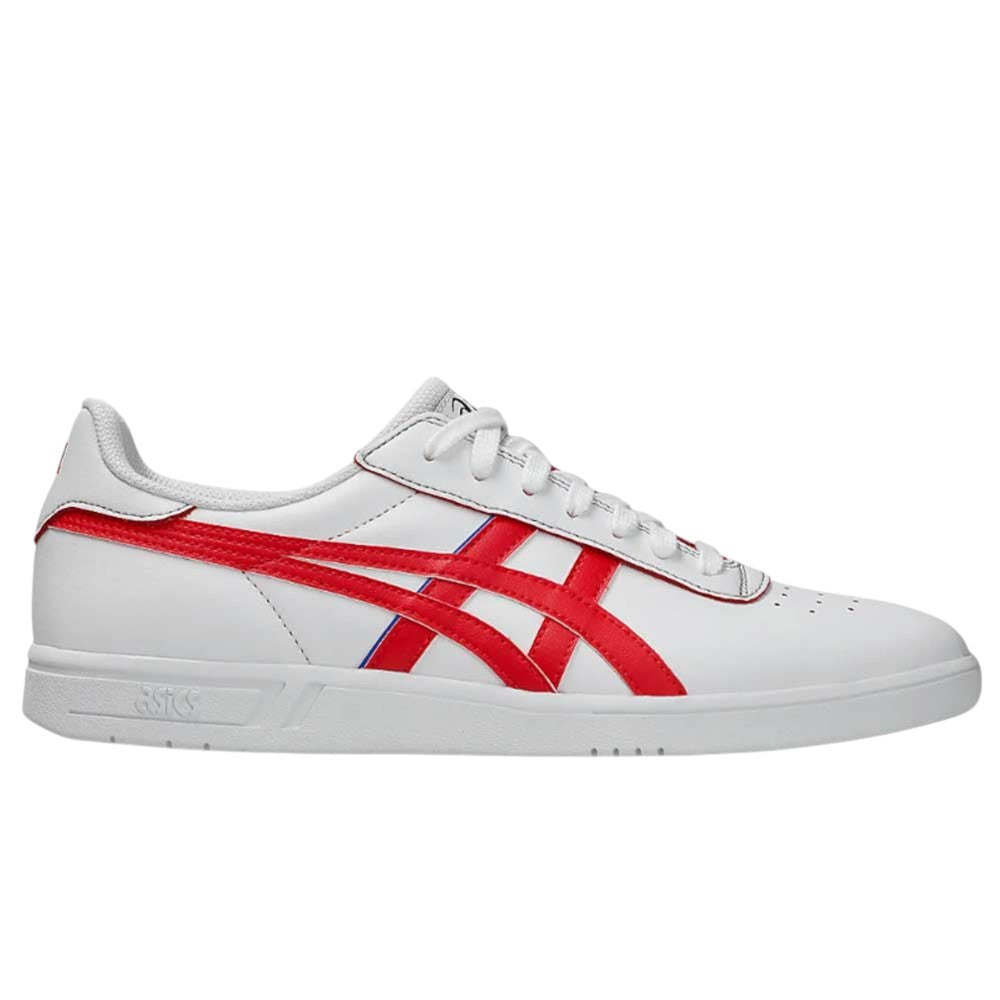 The Gel Vikka Pro Asics White Electric Red 1203B086 Leather Skateboarding Shoes are white sneakers with electric red stripes and detailing, featuring a low-top silhouette, laces, and a flat sole. Captured from the side, these shoes boast a clean and sporty aesthetic with a durable leather upper that enhances both style and comfort.